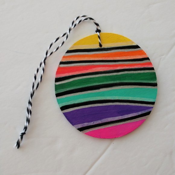 Handmade Ornament with Hand Painted Sugar Skull and Stripes For Dia De Muertos - Picture 7 of 16